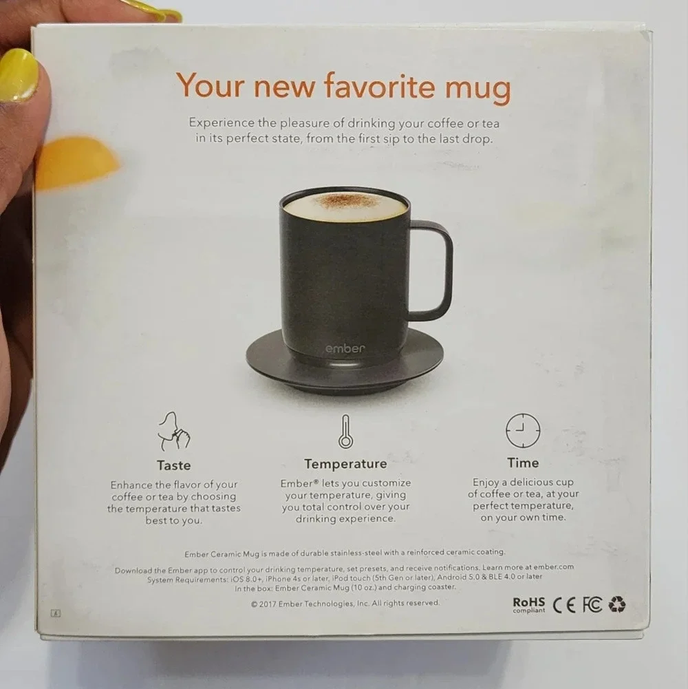 Ember 10oz Black Temperature Control Smart Mug Custom App Controller Tea Coffee.